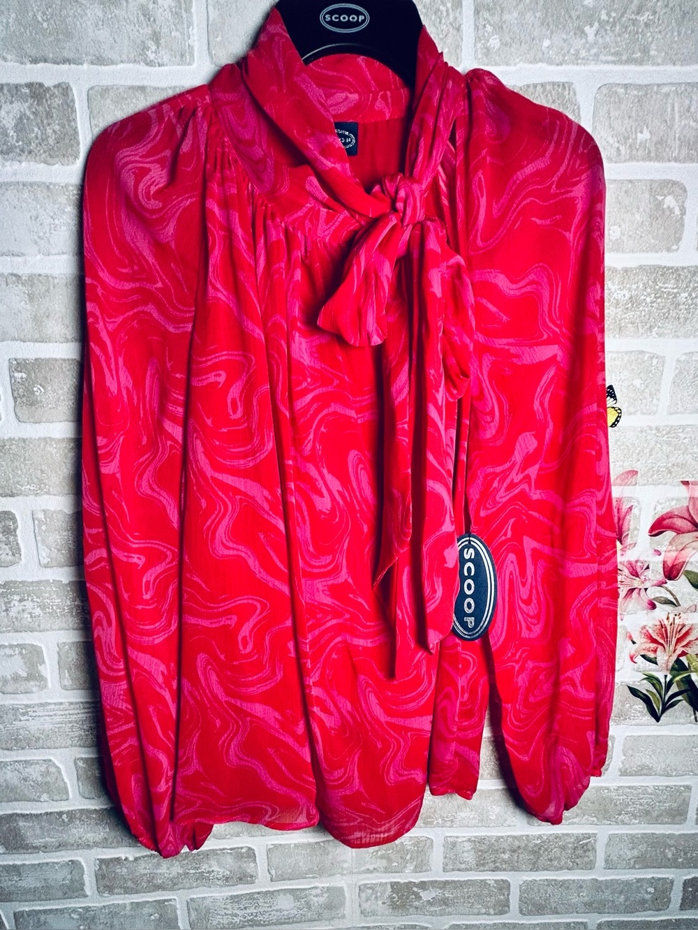 Scoop Women's Red Tie-Neck Blouse with Swirl Print